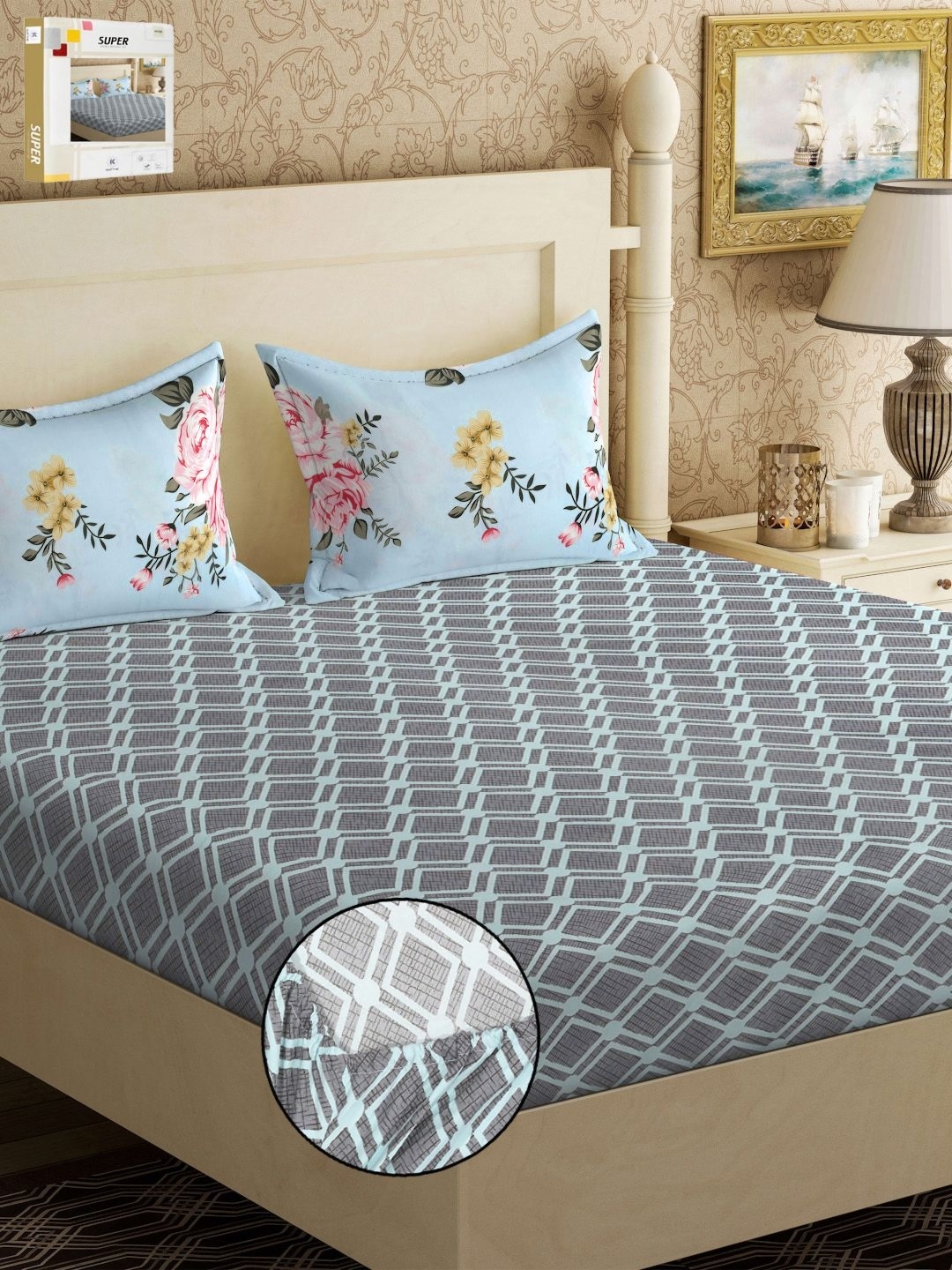 

KLOTTHE Grey & Blue Printed 300TC Fitted Double King Bedsheet & Pillow Covers