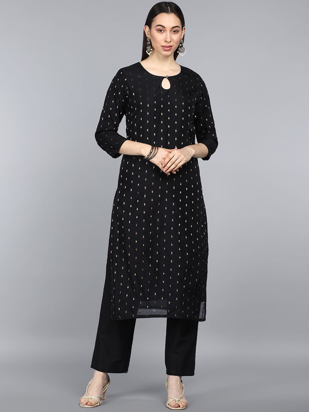 

KALINI Woven Design Keyhole Neck Straight Kurta With Trousers, Black