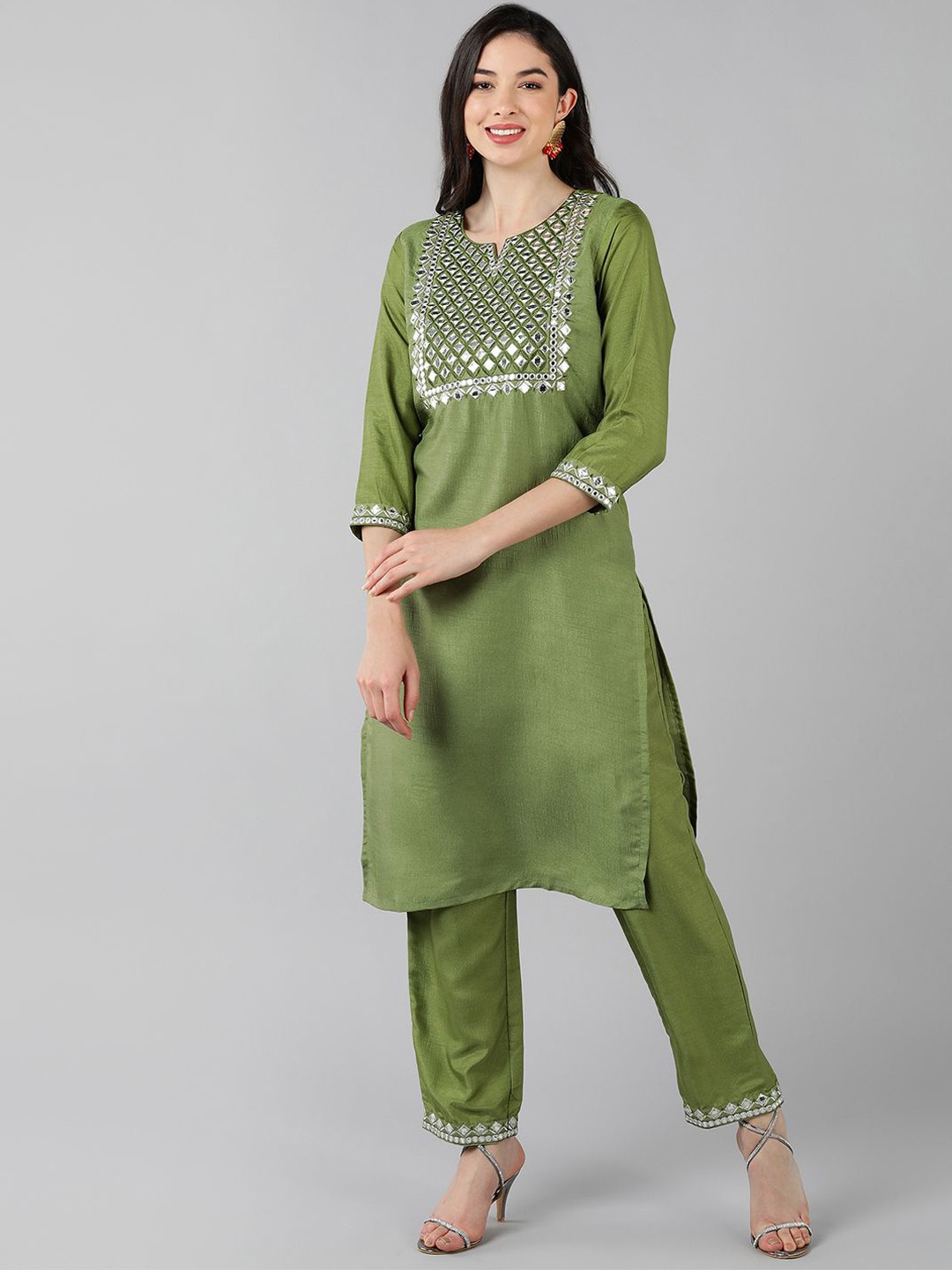 

KALINI Ethnic Motifs Yoke Design Straight Mirror Work Kurta with Trousers, Green