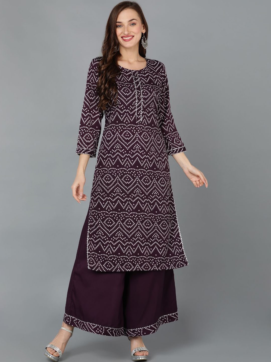 

KALINI Bandhani Printed Kurta with Palazzos, Burgundy