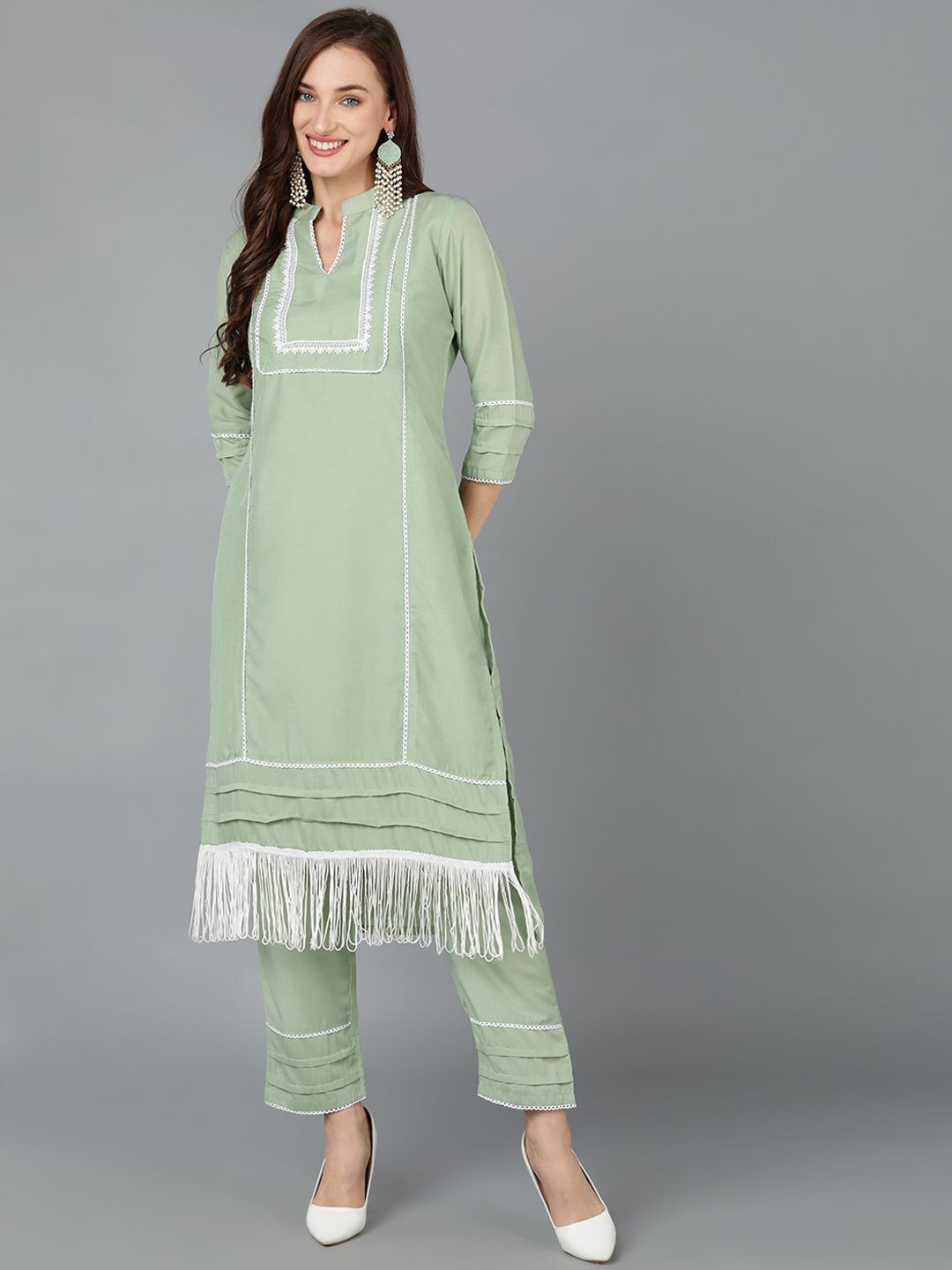

KALINI Ethnic Motifs Yoke Design Gotta Patti Kurta Trouser, Green