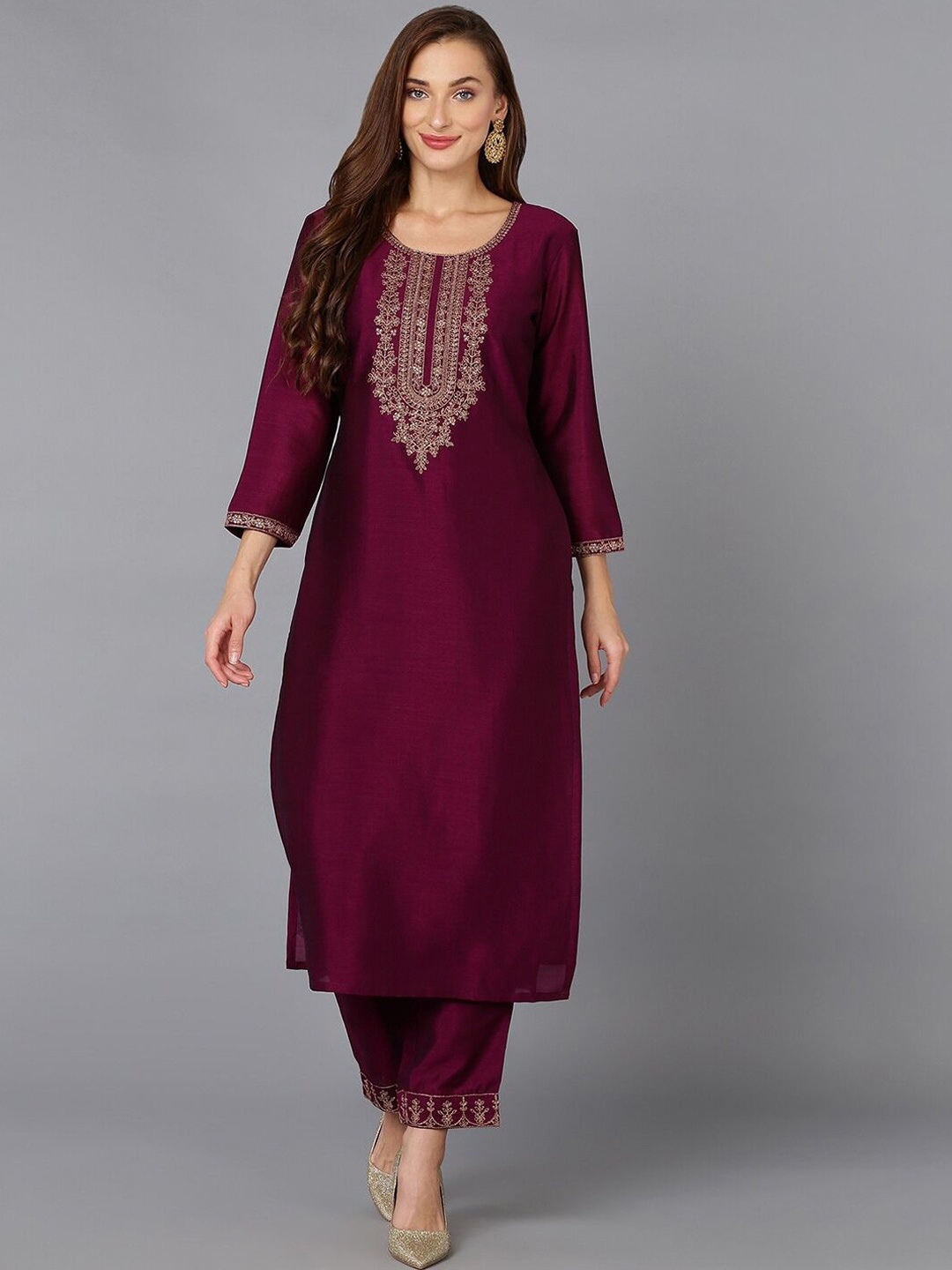 

KALINI Floral Embroidered Straight Kurta with Trousers, Burgundy
