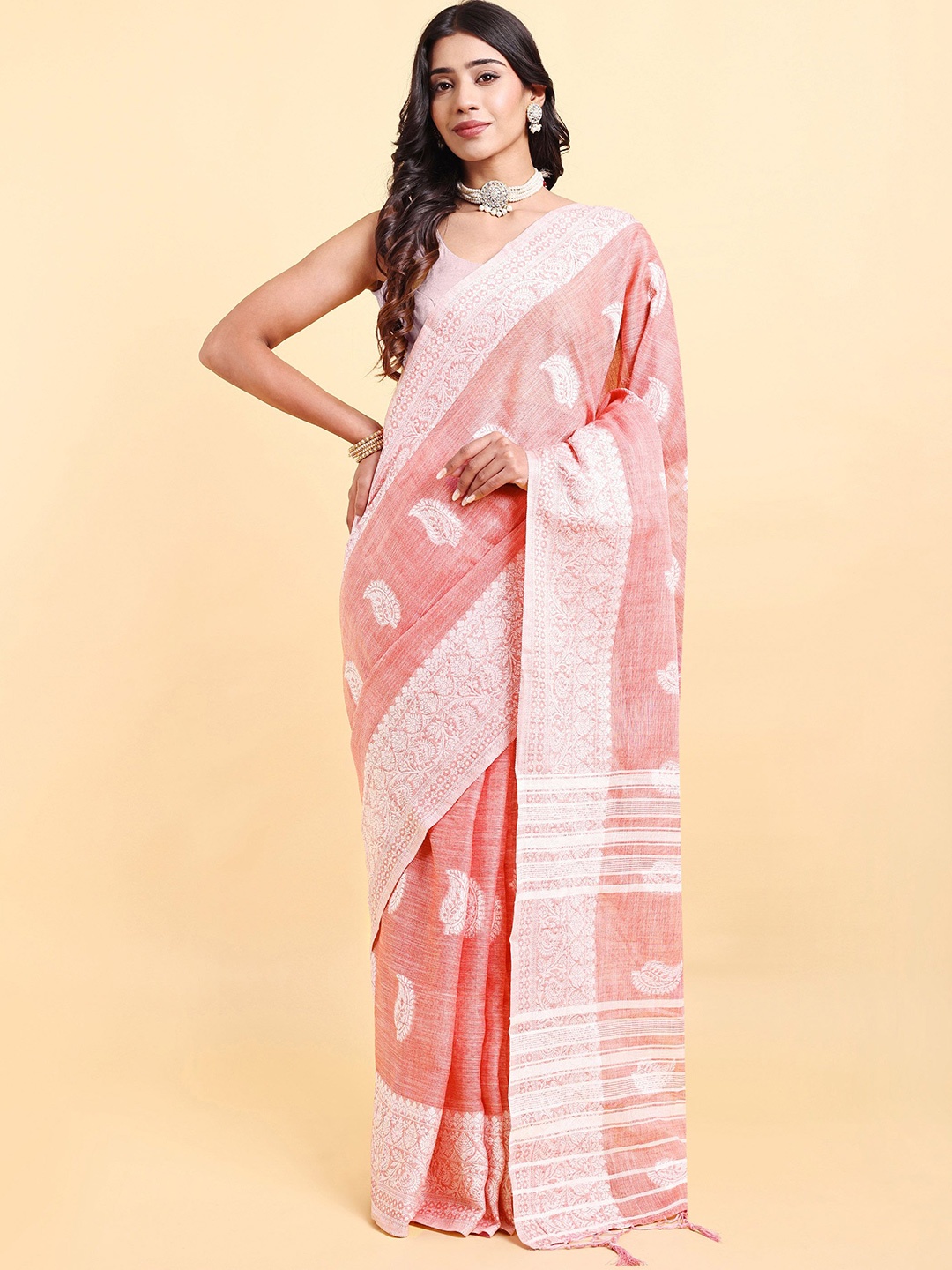 

Sarisp Paisley Pure Cotton Banarasi Saree, Pink