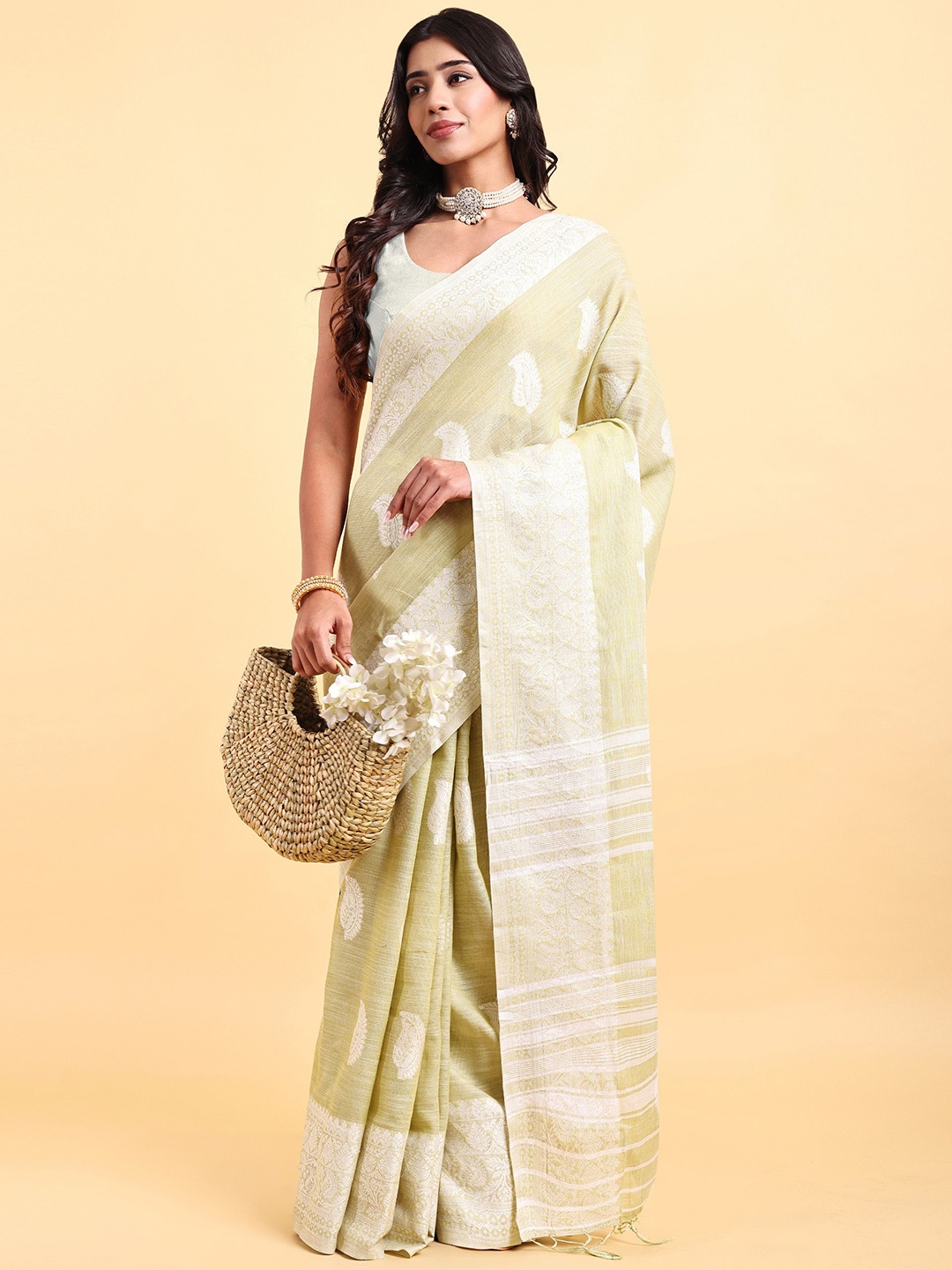 

Sarisp Paisley Pure Cotton Banarasi Saree, Olive