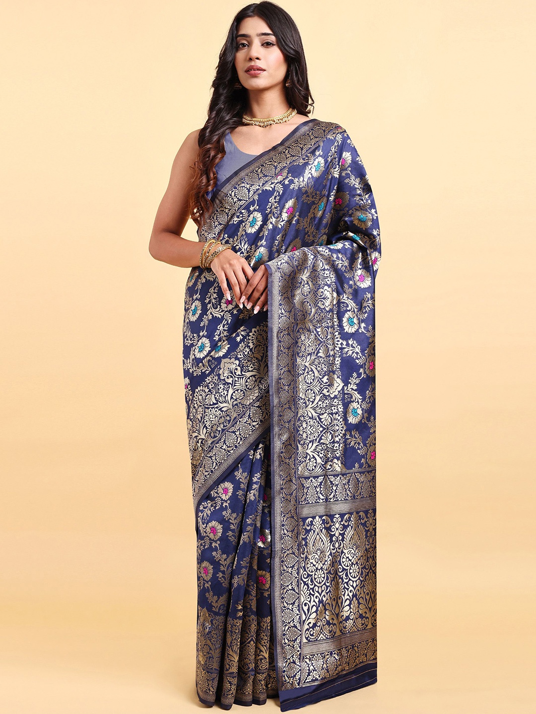 

Sarisp Floral Zari Pure Silk Banarasi Saree, Navy blue