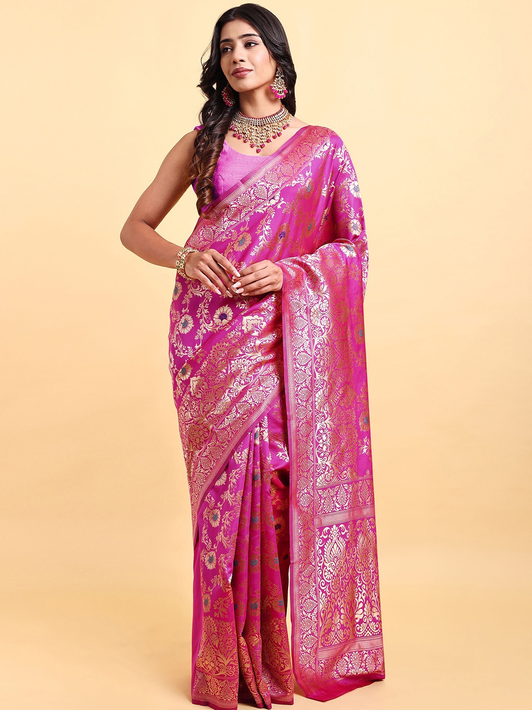 

Sarisp Ethnic Motif Zari Woven Pure Silk Banarasi Saree, Magenta