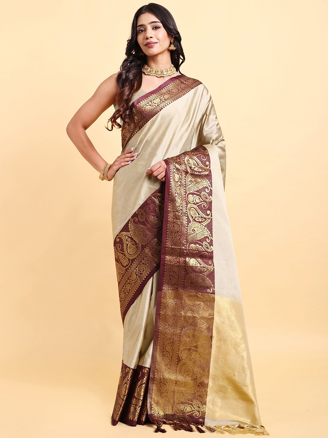 

Sarisp Zari Pure Silk Kanjeevaram Saree, Beige