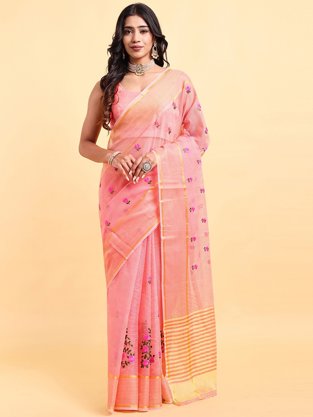 

Sarisp Ethnic Motifs Embroidered Saree, Peach