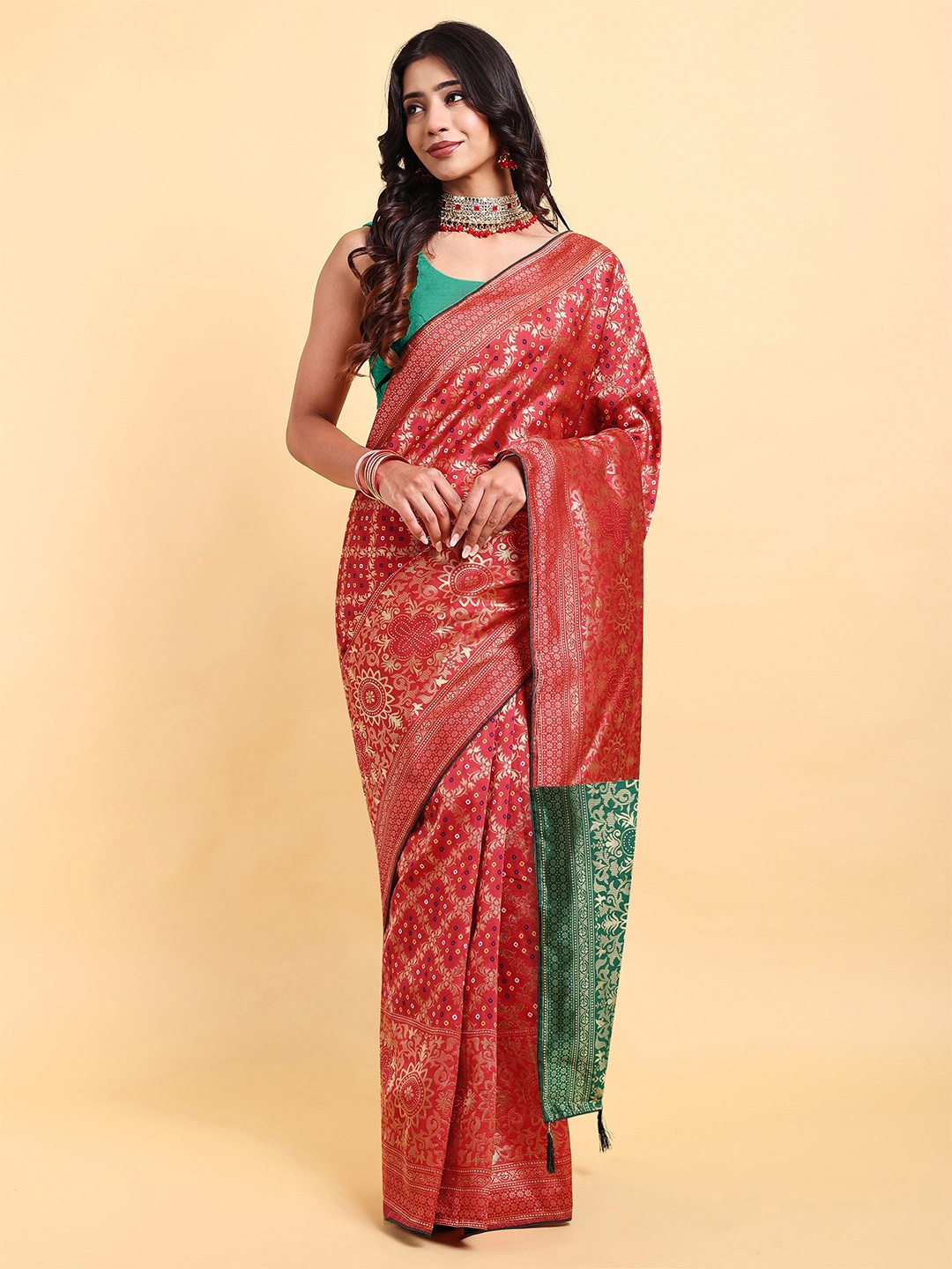 

Sarisp Ethnic Motifs Woven Design Zari Pure Silk Banarasi Saree, Red