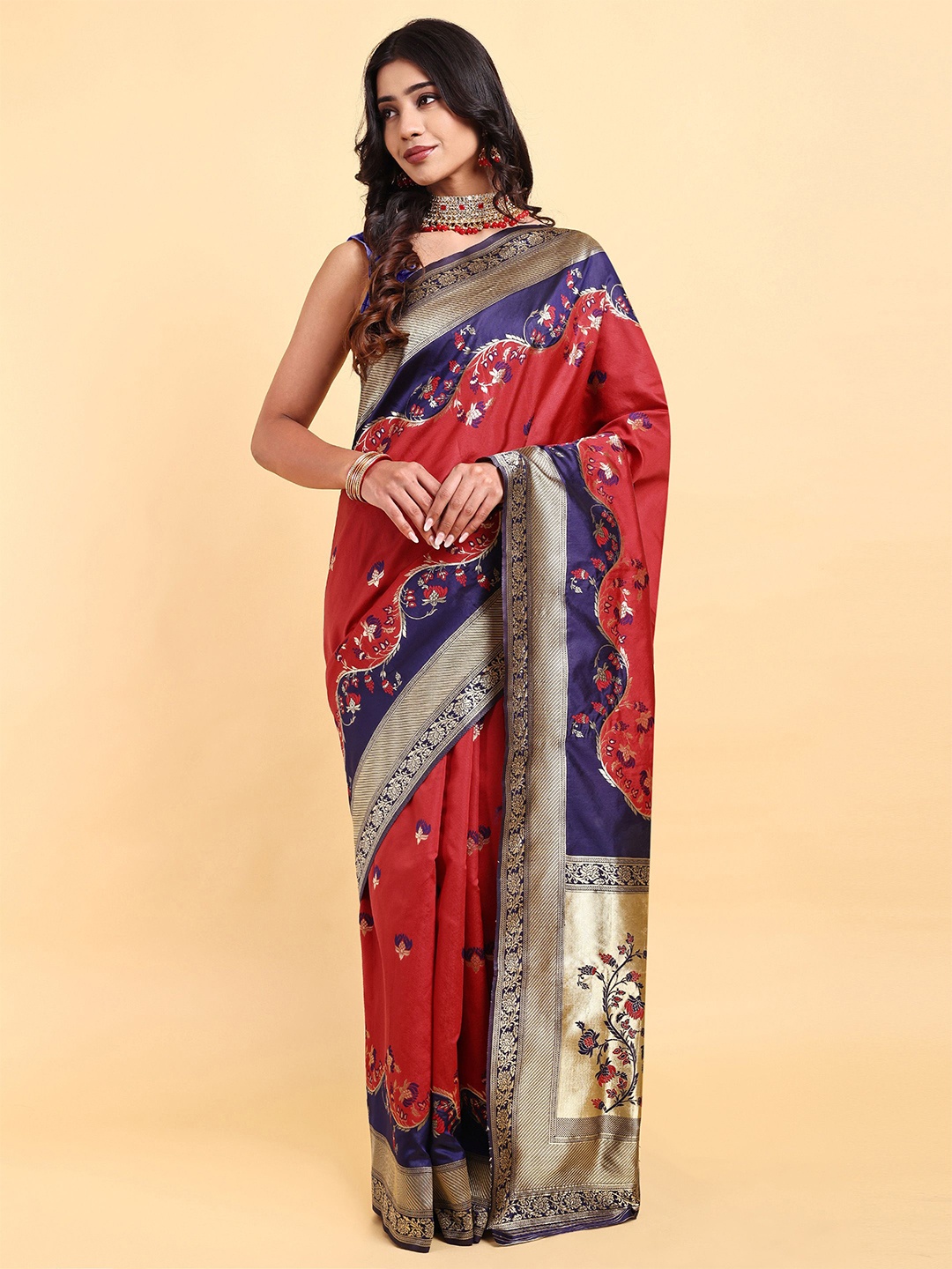 

Sarisp Woven Designed Zari Pure Silk Banarasi Saree, Red