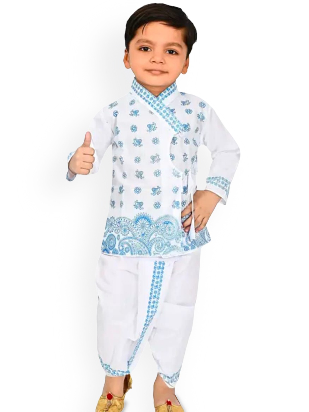 

BAESD Boys Ethnic Motifs Printed Angrakha Kurta with Dhoti Pants, White