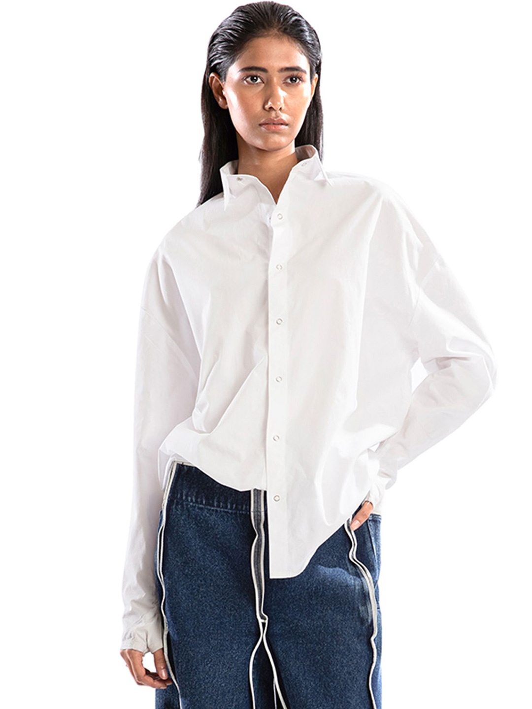 

BLONI Women Oversized Opaque Casual Gloved Shirt, White