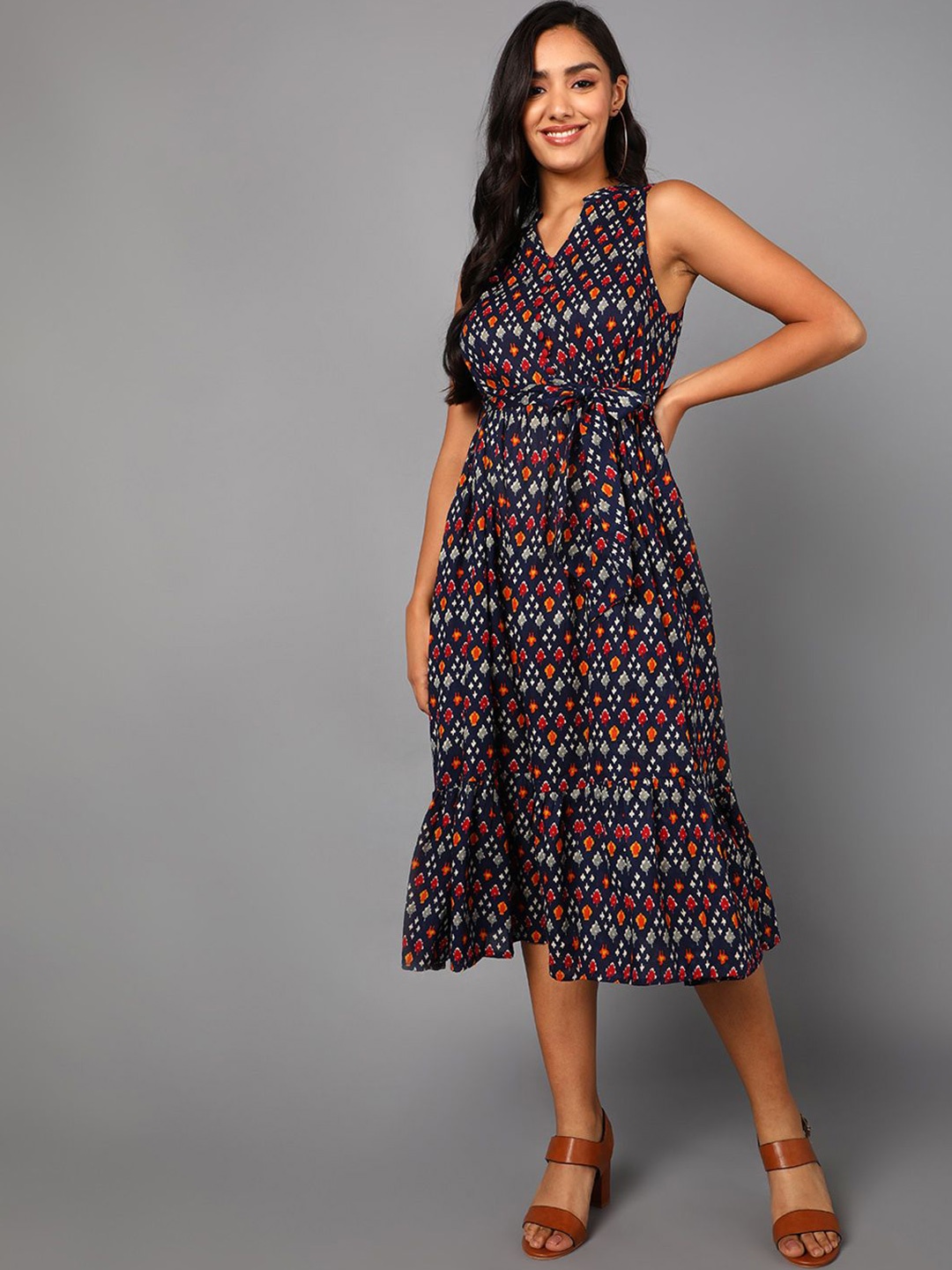 

KALINI Cotton Print Fit & Flare Midi Dress, Navy blue