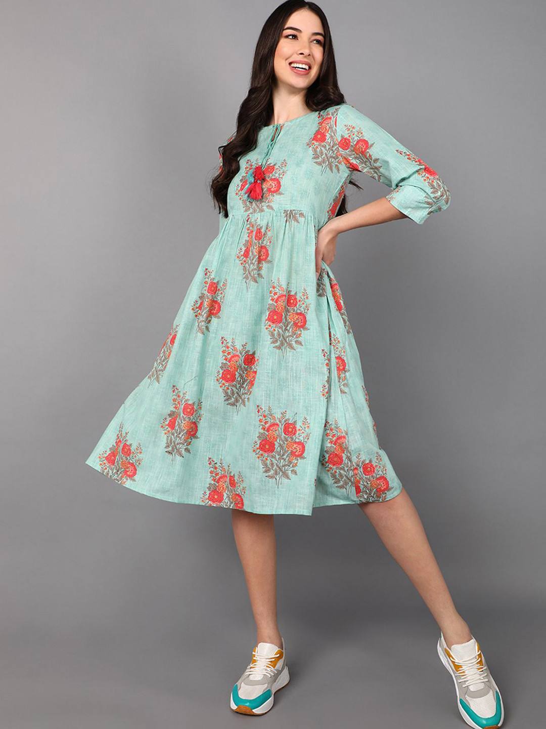 

KALINI Floral Print Bell Sleeve Formal Empire Dress, Sea green