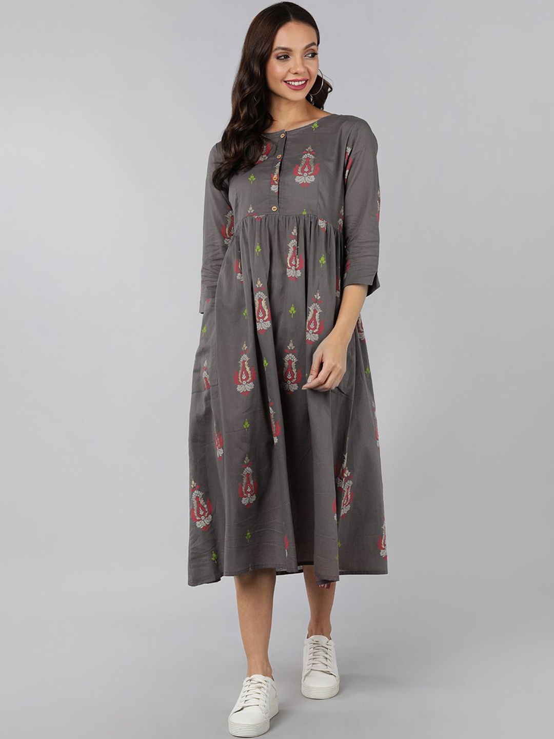 

KALINI Floral Print Empire Midi Dress, Grey