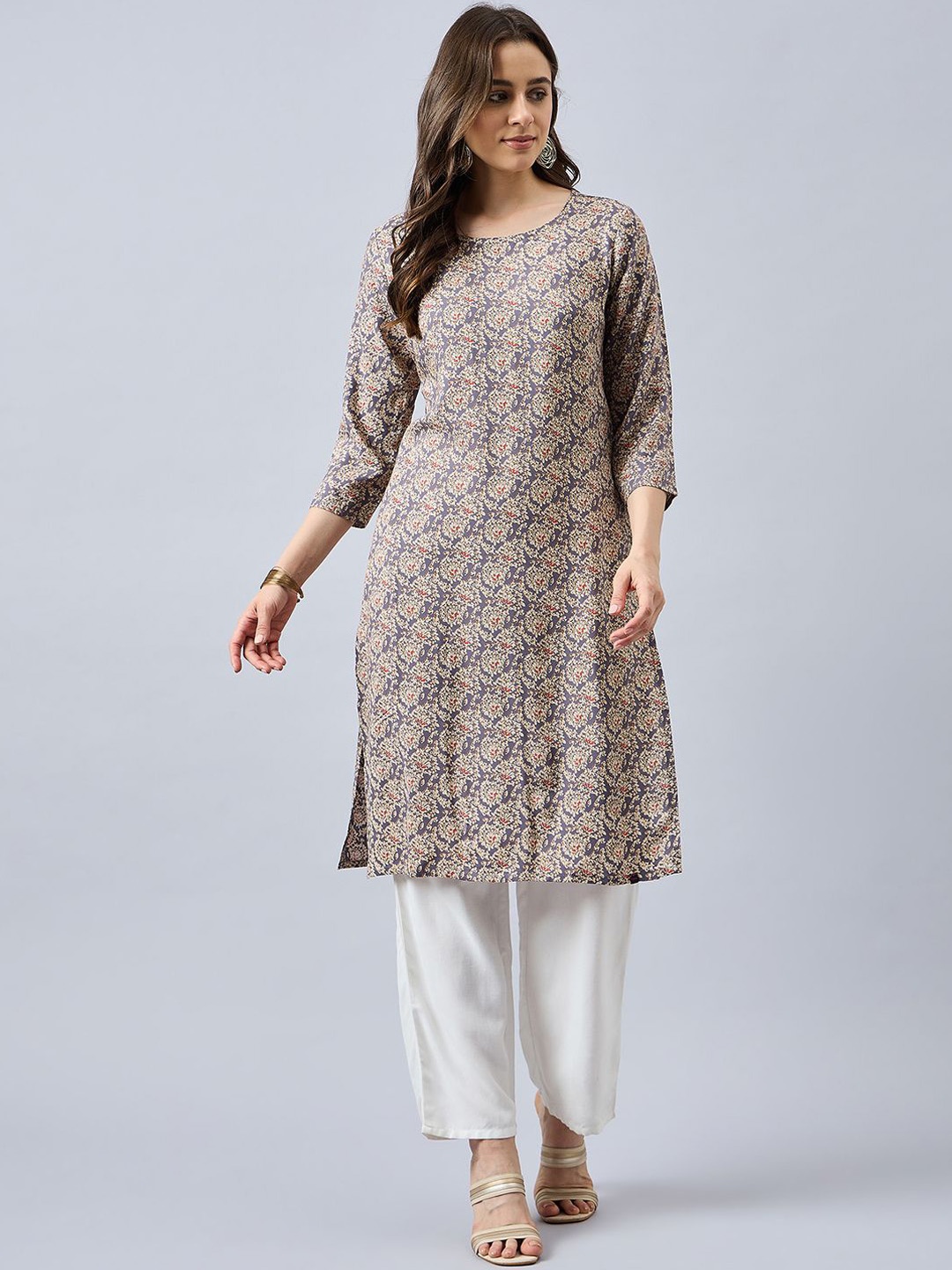 

THE PAJAMA FACTORY Floral Printed Round Neck Straight Kurta, Grey