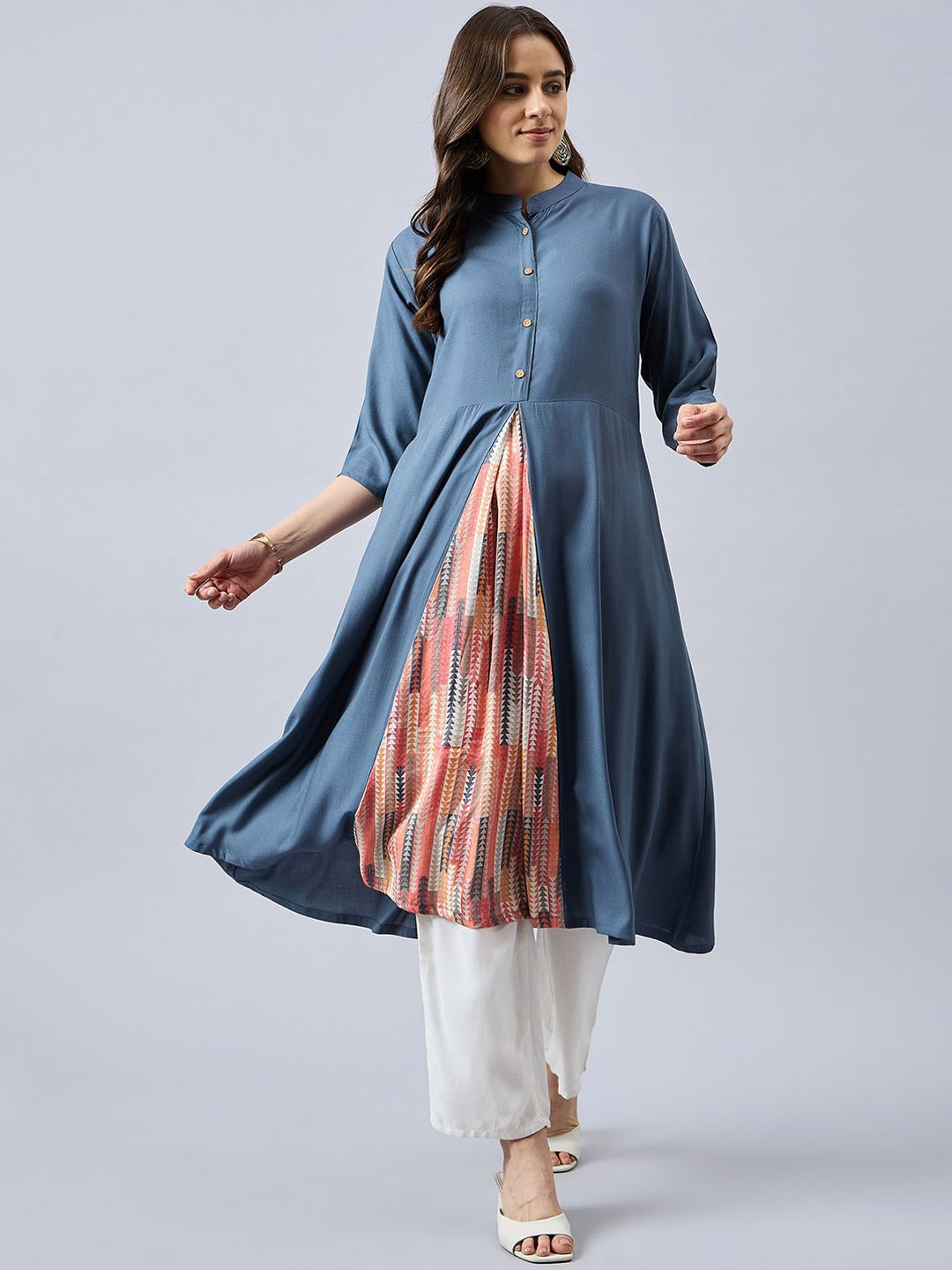 

THE PAJAMA FACTORY Mandarin Collar Anarkali Panelled Kurta, Grey