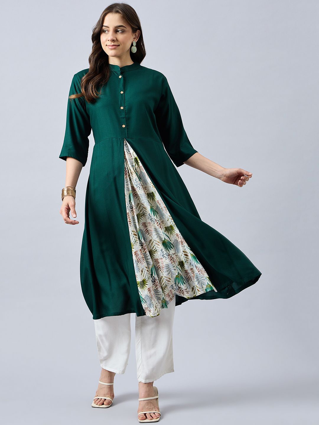 

THE PAJAMA FACTORY Mandarin Collar Anarkali Panelled Kurta, Green