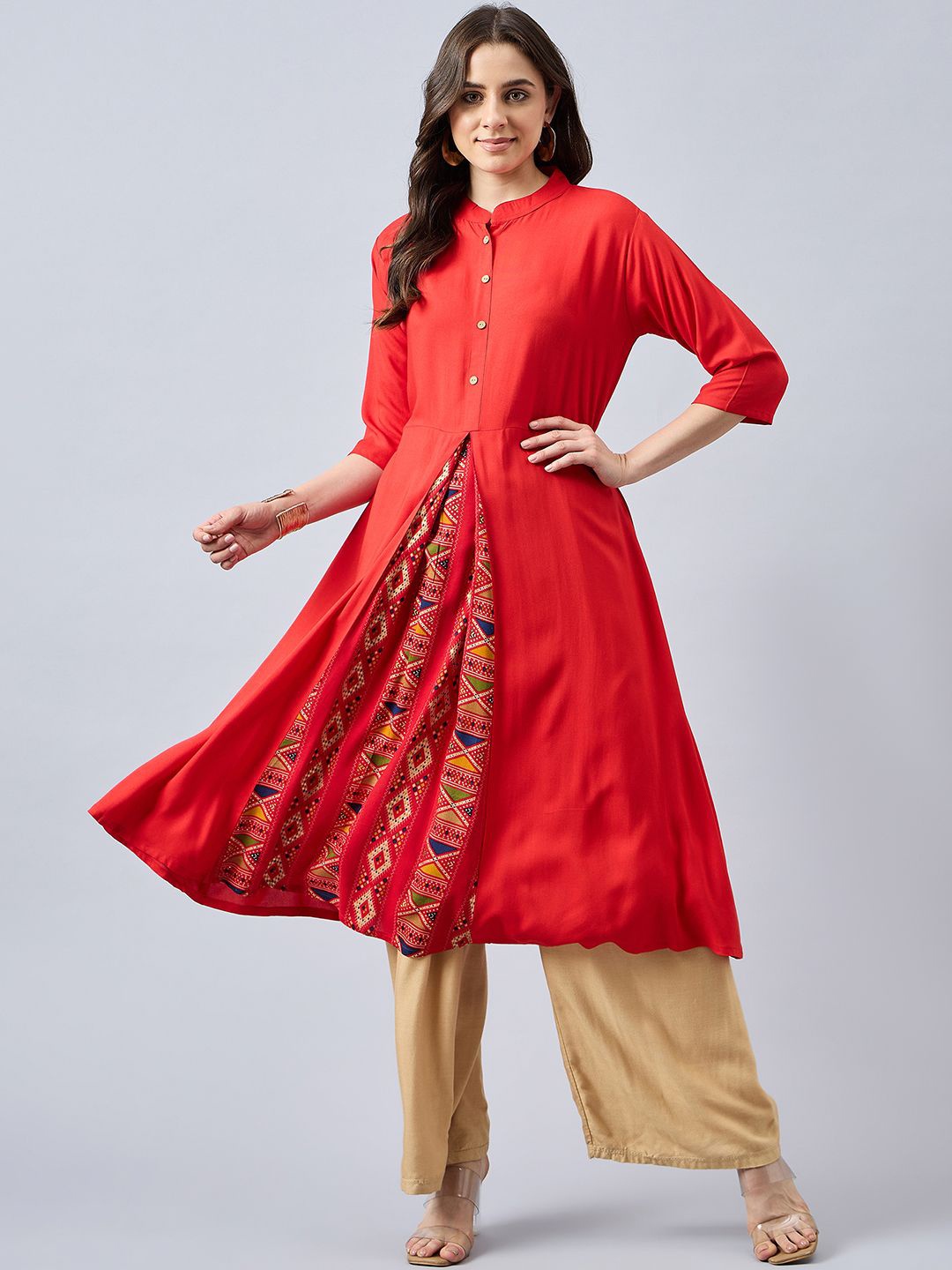 

THE PAJAMA FACTORY Mandarin Collar Anarkali Panelled Kurta, Red