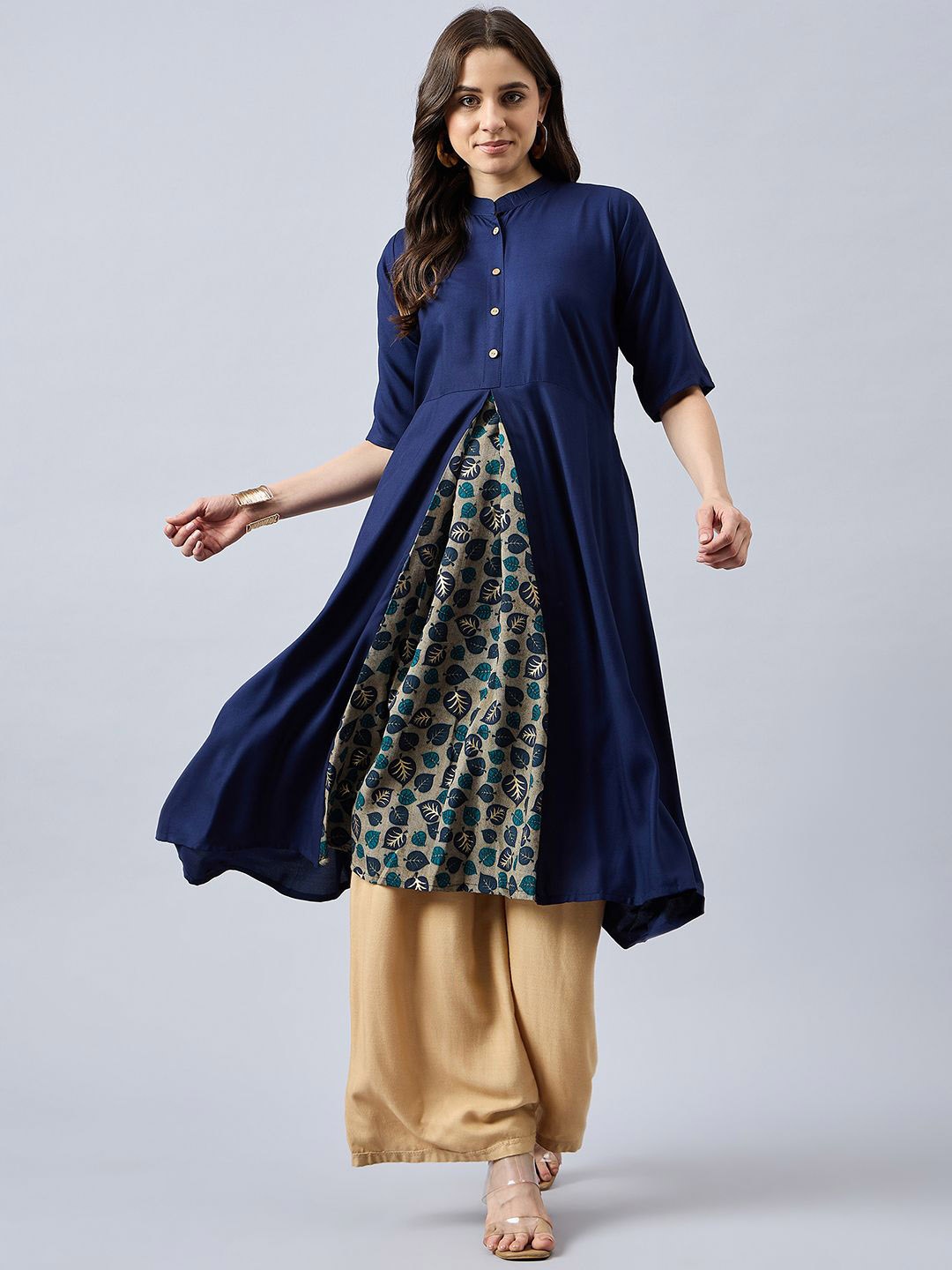 

THE PAJAMA FACTORY Mandarin Collar Anarkali Panelled Kurta, Navy blue