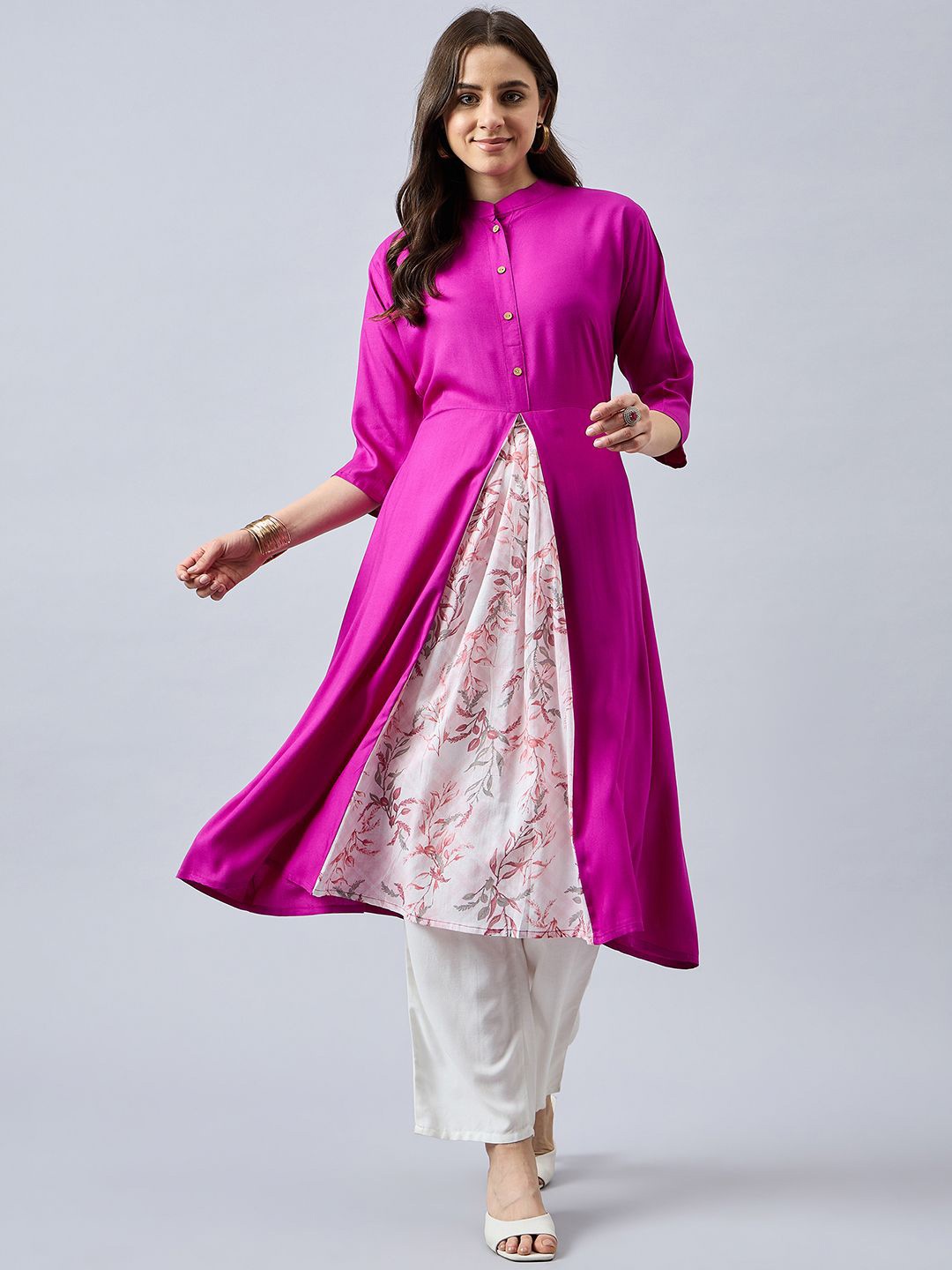 

THE PAJAMA FACTORY Mandarin Collar Anarkali Panelled Kurta, Fuchsia
