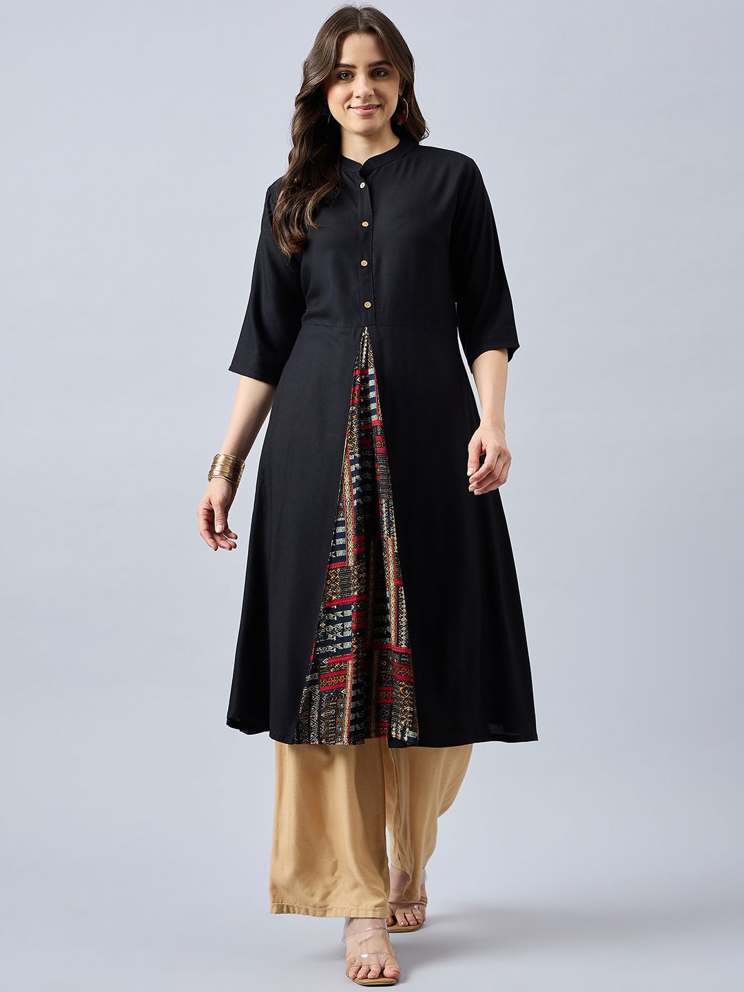 

THE PAJAMA FACTORY Mandarin Collar Anarkali Panelled Kurta, Black