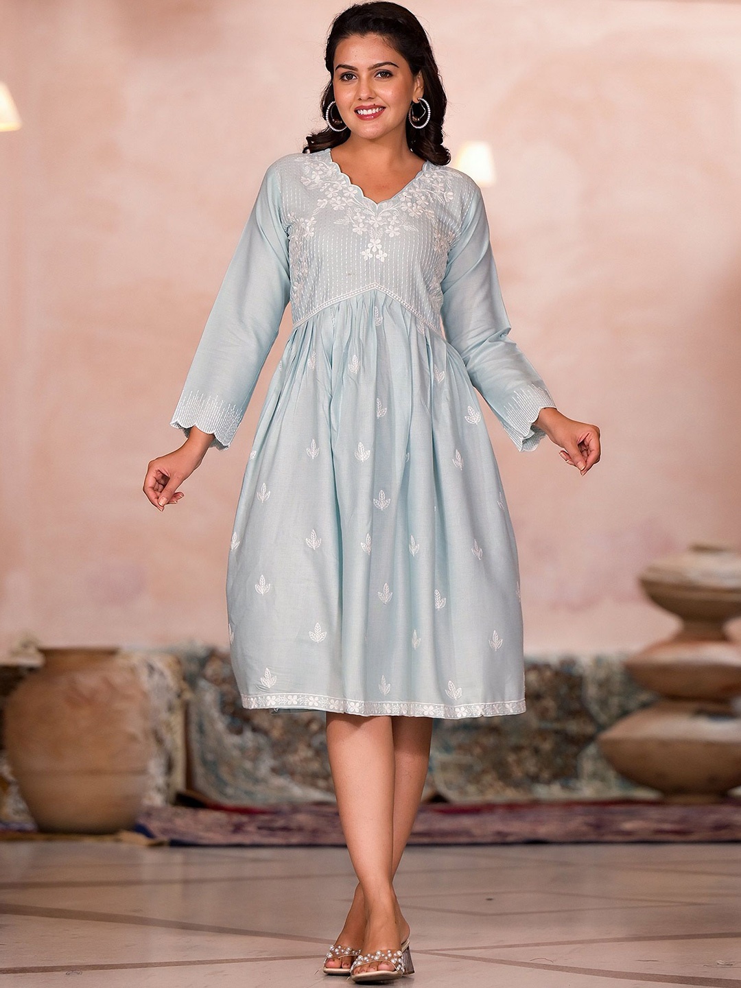 

Peachmode Embroidered A-Line Ethnic Dress, Turquoise blue