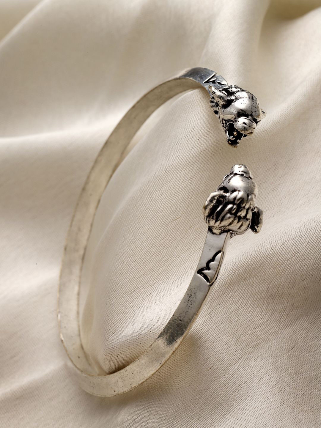 

Sanjog German Silver-Plated Statement Brass Solid Kada Lion Cuff Bracelet