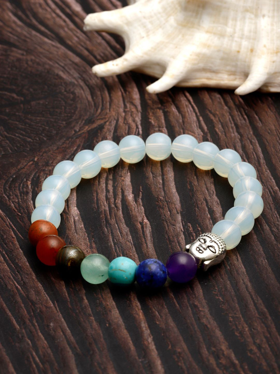 

Sanjog Unisex Crystals Rainbow Seven Chakra Moonstone Buddha Elasticated Bracelet, Blue
