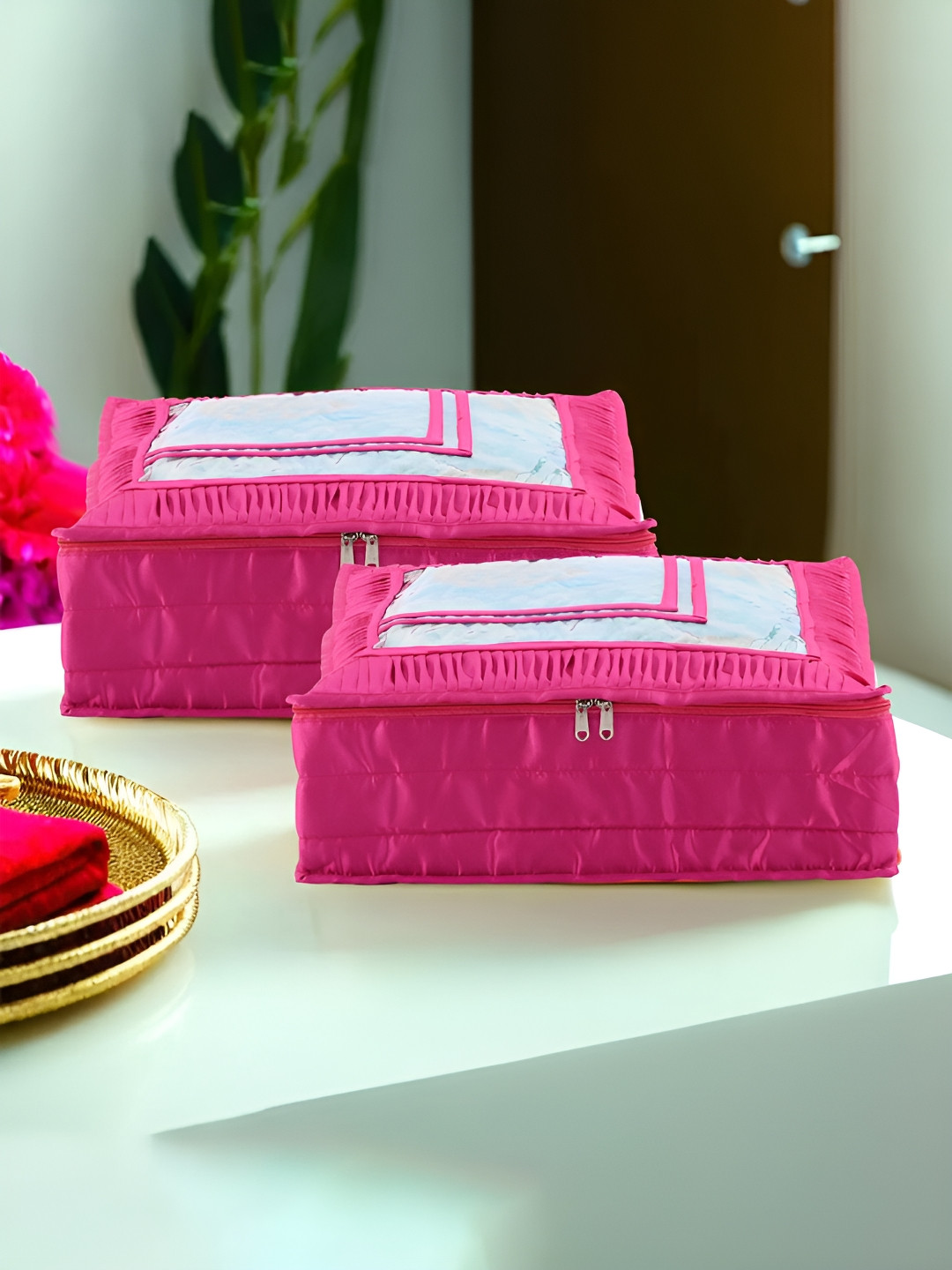 

Kuber Industries Pink & Transparent 2 Pieces Regular Saree Organisers