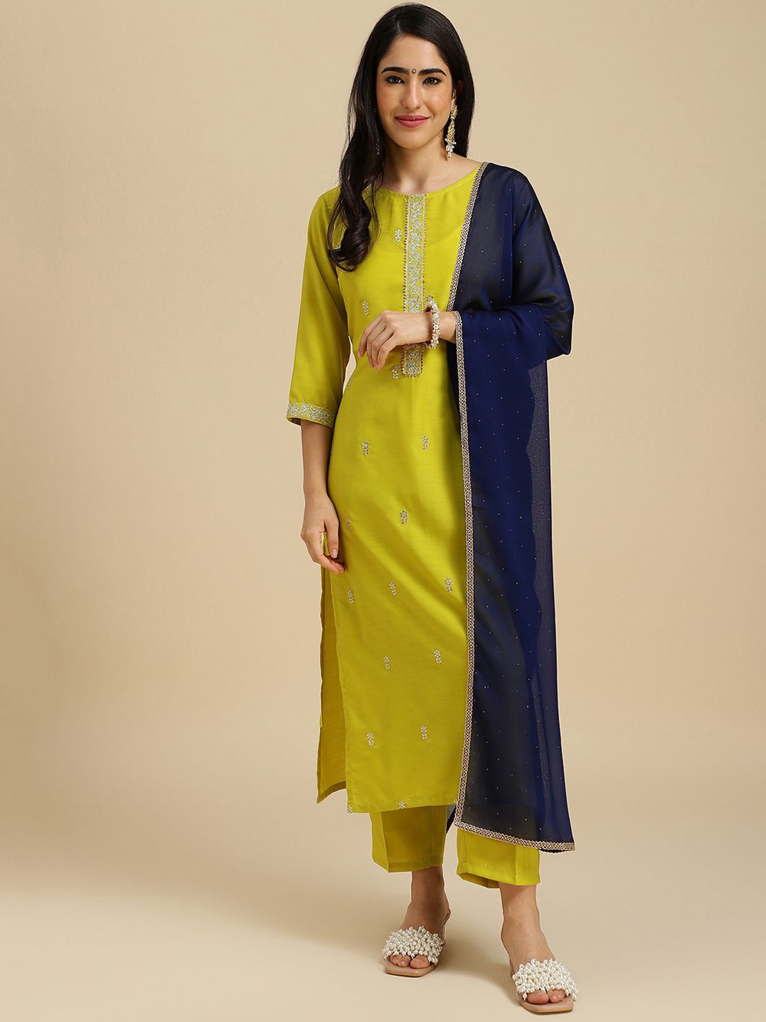 

BAESD Floral Embroidered Regular Thread Work Straight Kurta with Trousers & With Dupatta, Lime green