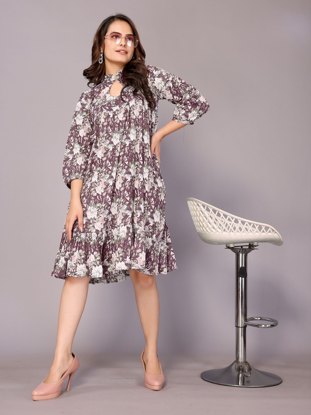 

vj fashion Floral Print Keyhole Neck Puff Sleeves A-Line Dress, Purple