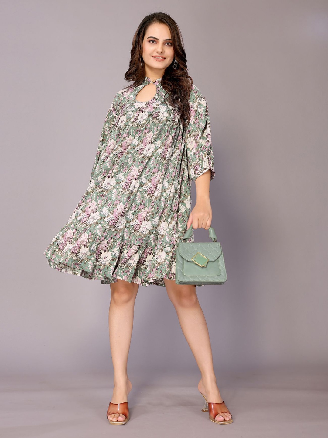 

vj fashion Floral Print Keyhole Neck A-Line Dress, Green