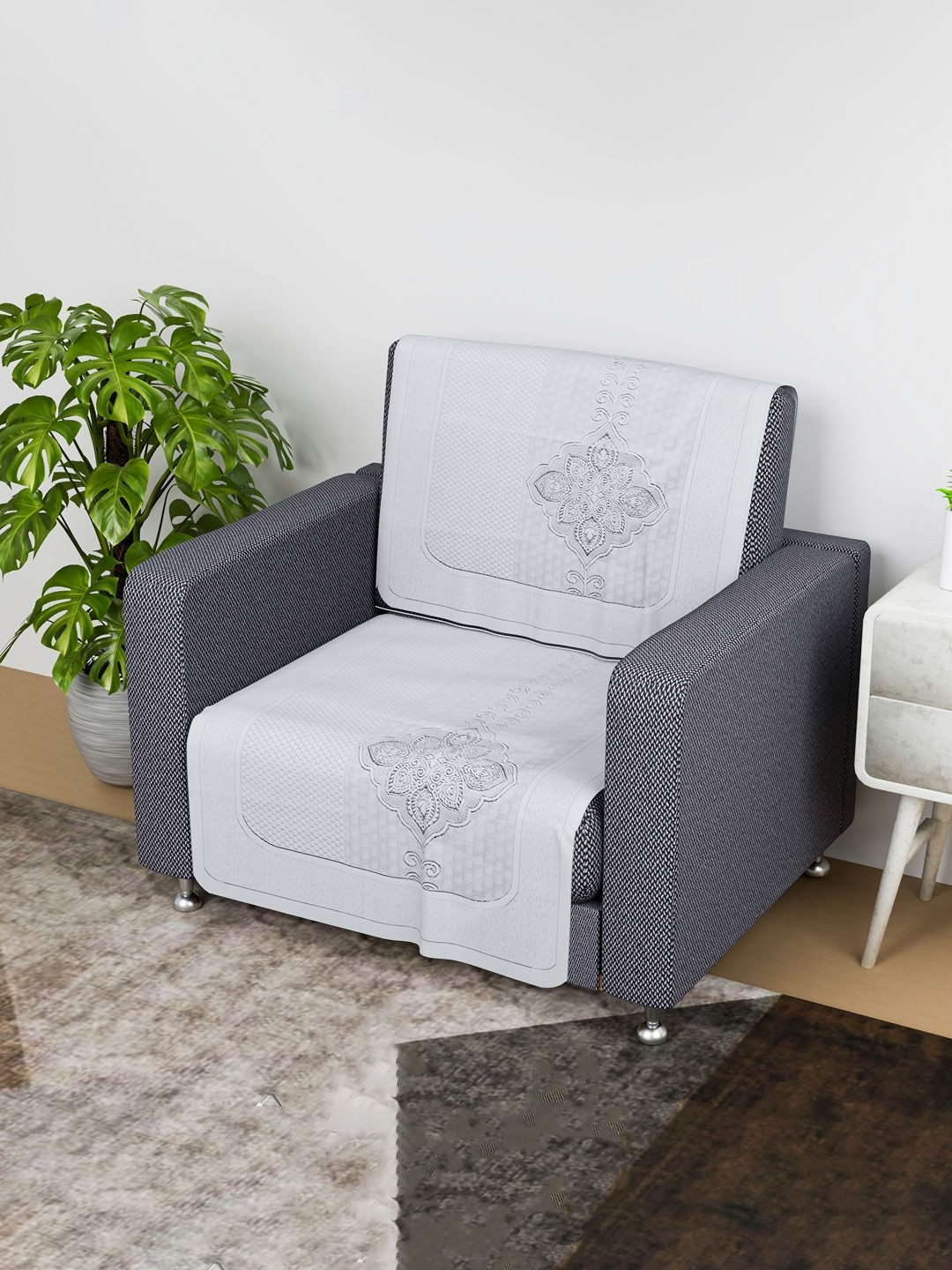 

Kuber Industries Off White 2 Pieces Printed Cotton Single Seater Sofa Cover With Arms