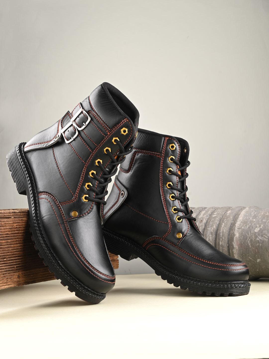 

Big Fox Men High-Top Monk Straps Boots, Black
