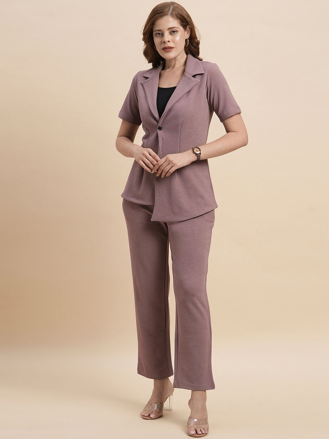 

Selvia Cuban Collar Short Sleeves Shirt With Trouser, Mauve