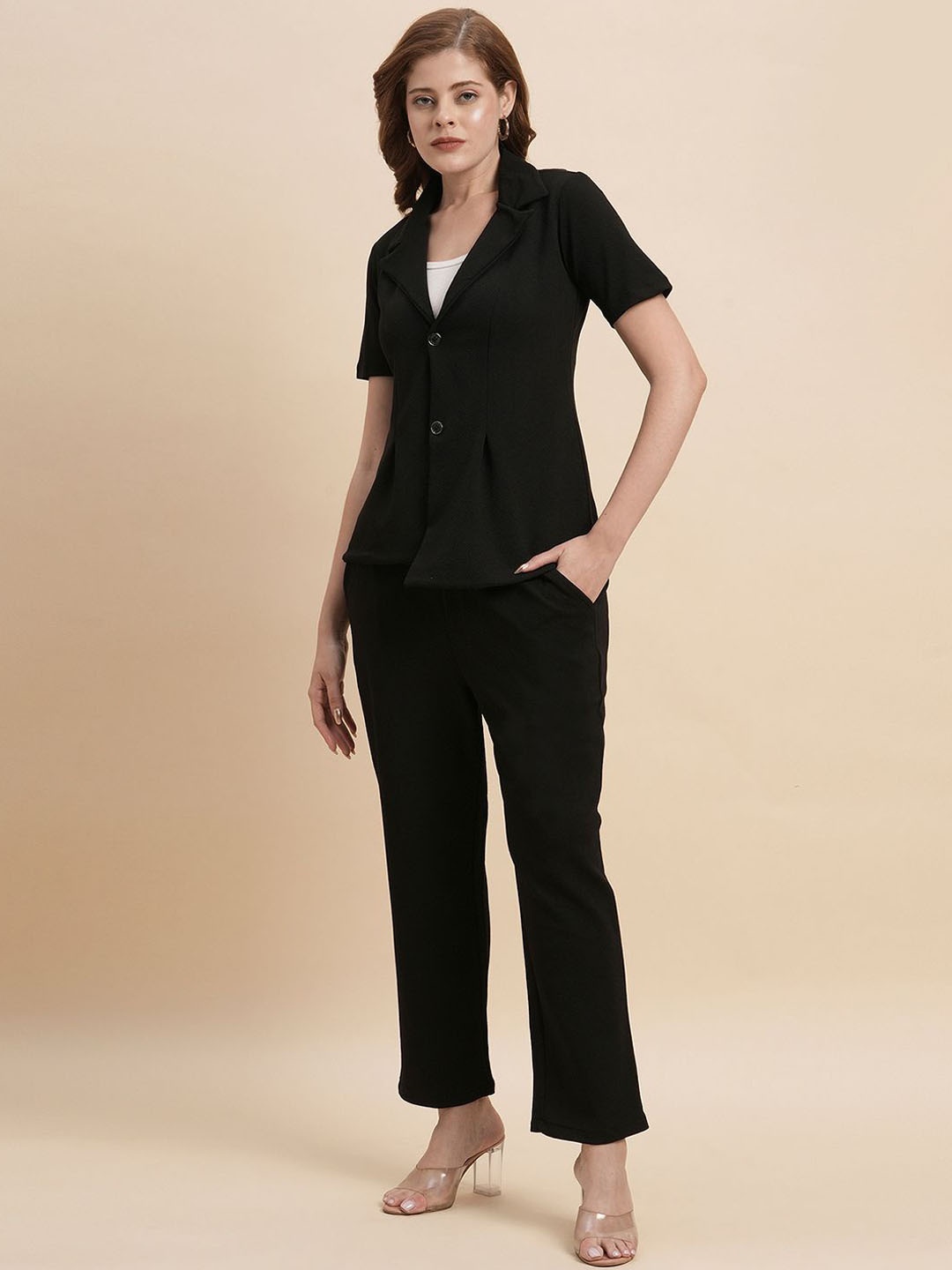 

Selvia Cuban Collar Short Sleeves Shirt With Trouser, Black