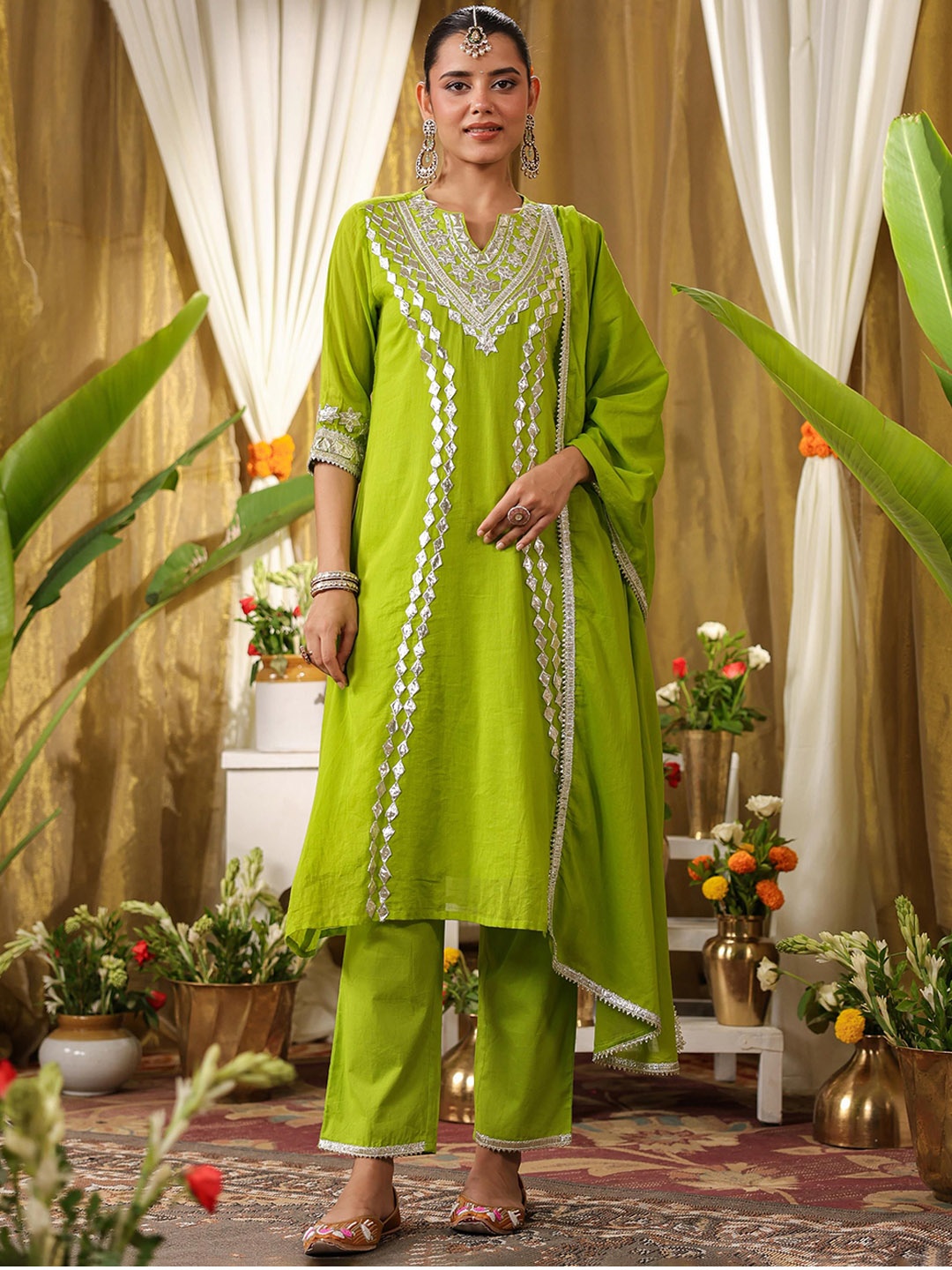 

SCAKHI Floral Embroidered Gotta Patti Pure Cotton A Line Kurta & Trousers With Dupatta, Green