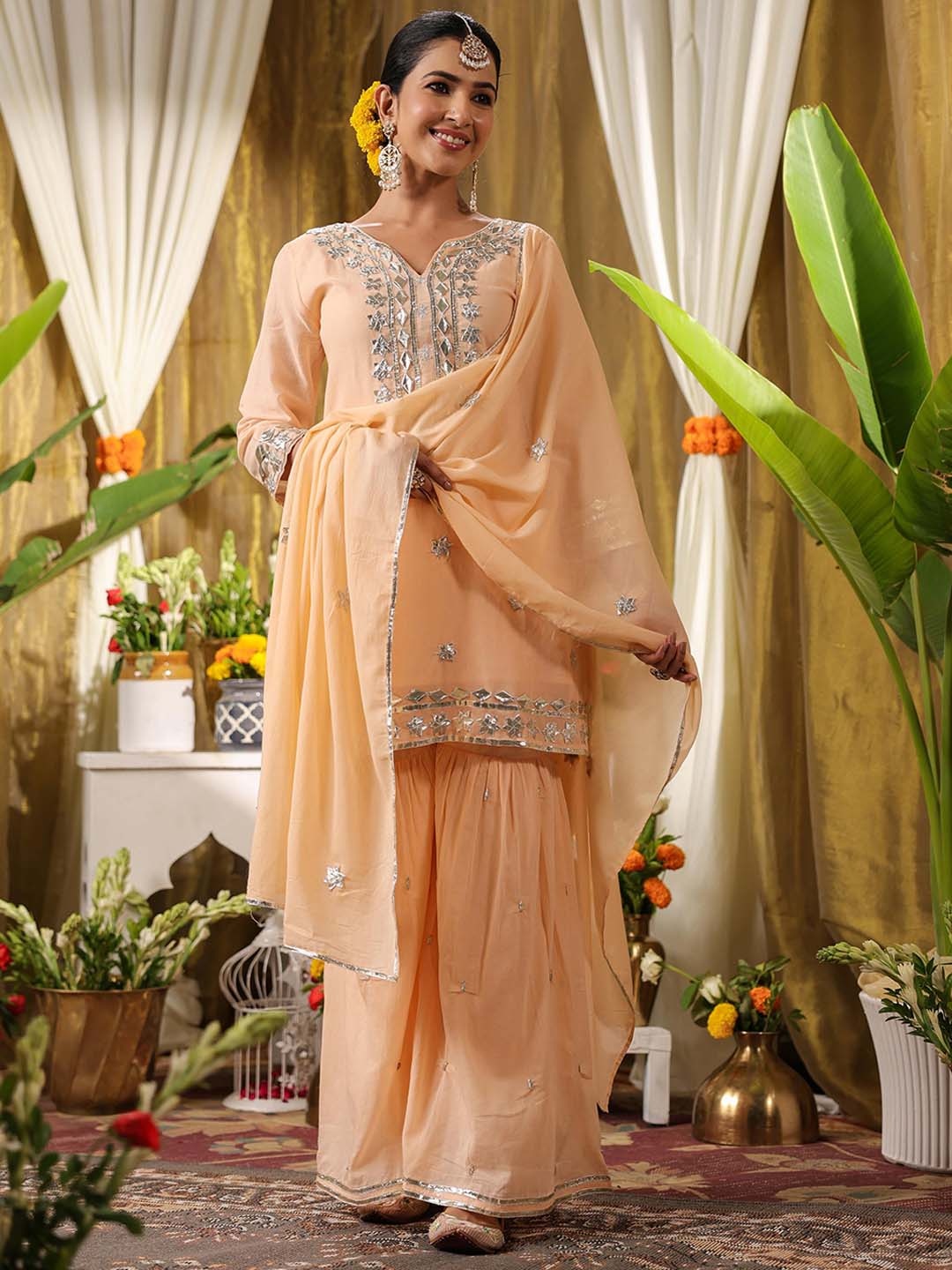 

SCAKHI Floral Embroidered Gotta Patti Pure Cotton Straight Kurta & Sharara With Dupatta, Peach