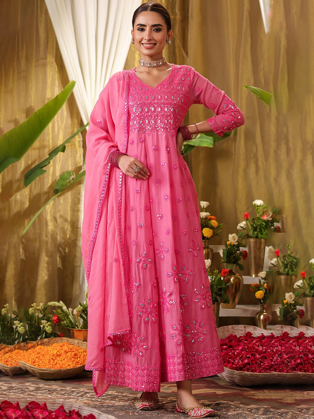 

SCAKHI Floral Embroidered Pure Cotton Anarkali Kurta & Trousers With Dupatta, Coral