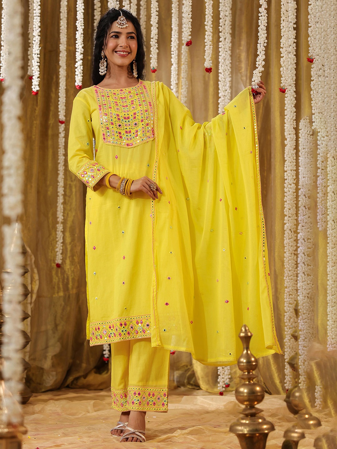 

SCAKHI Floral Embroidered Pure Cotton Straight Kurta & Trousers & With Dupatta, Yellow
