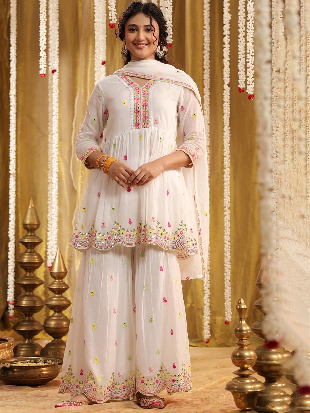 

SCAKHI Floral Embroidered Pure Cotton Anarkali Kurta & Sharara With Dupatta, White