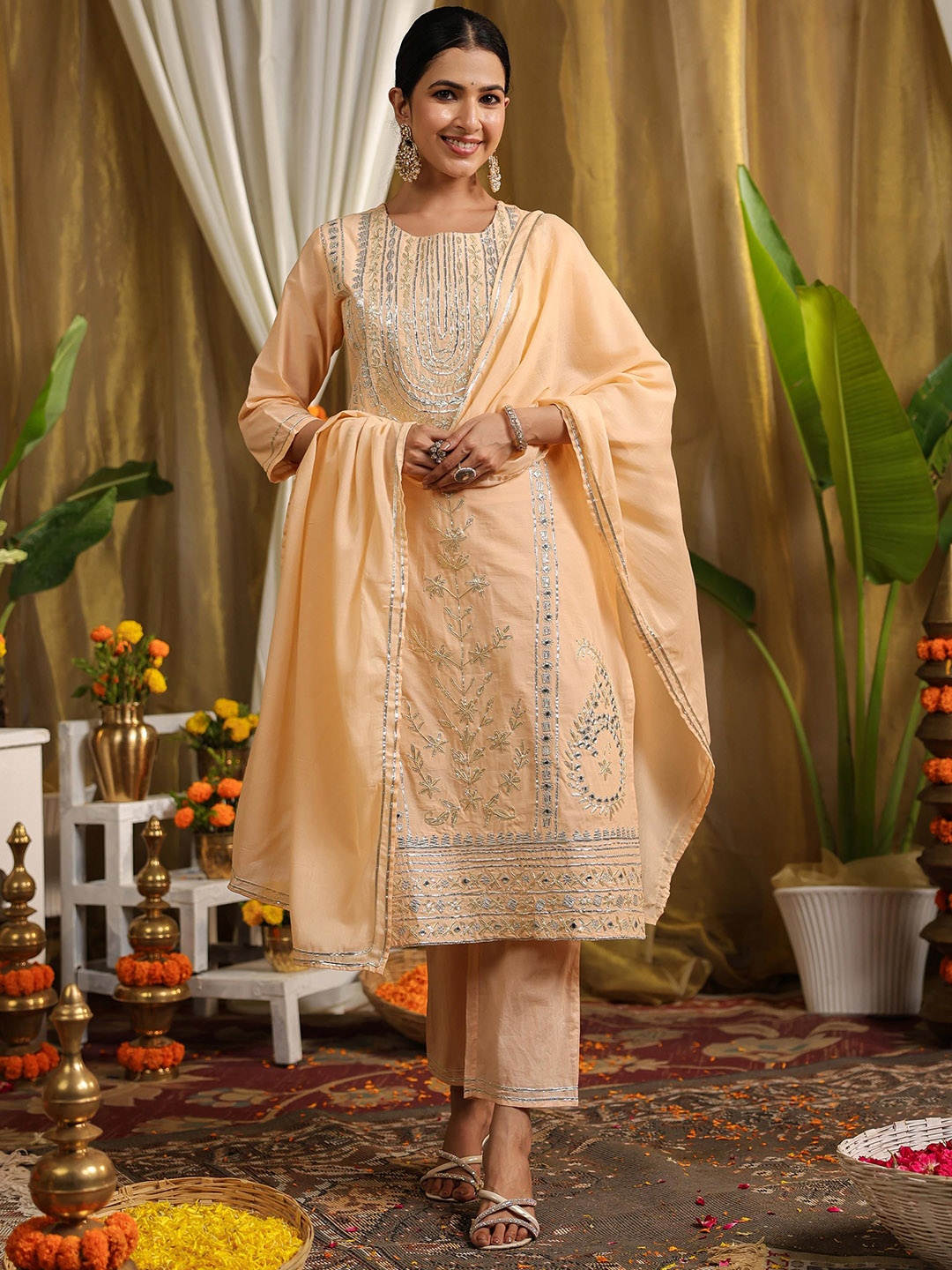 

SCAKHI Floral Embroidered Pure Cotton Straight Kurta & Trousers With Dupatta, Peach