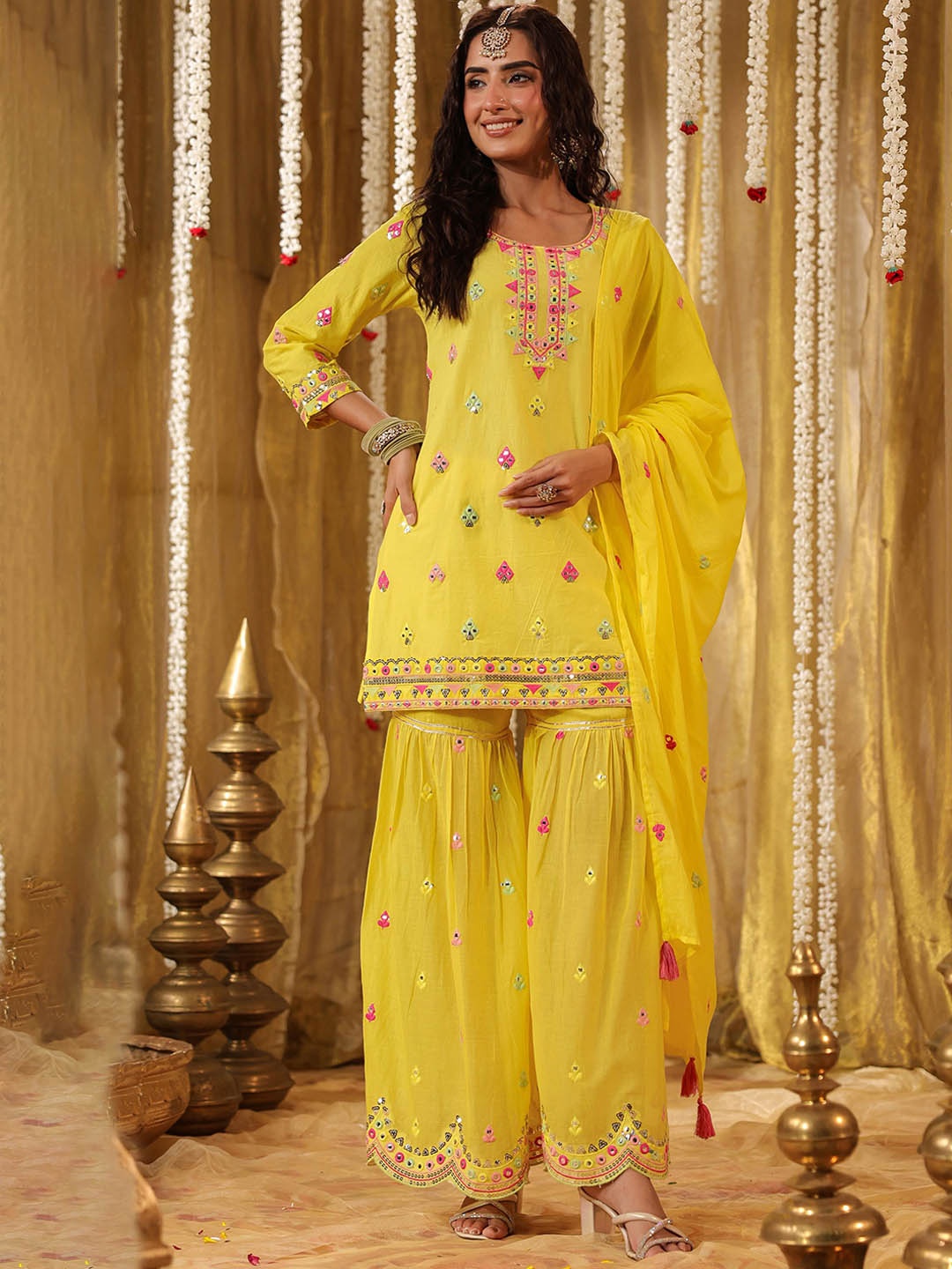 

SCAKHI Ethnic Motifs Embroidered Pure Cotton Straight Kurta & Sharara With Dupatta, Yellow