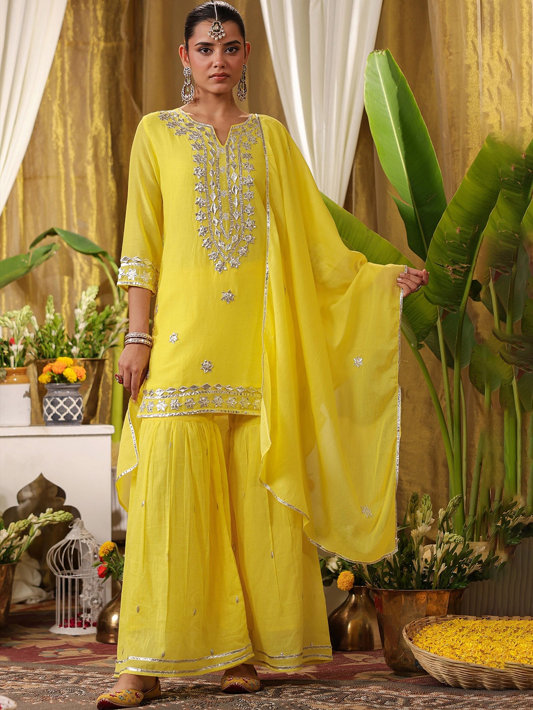 

SCAKHI Floral Embroidered Pure Cotton Straight Kurta & Sharara With Dupatta, Yellow