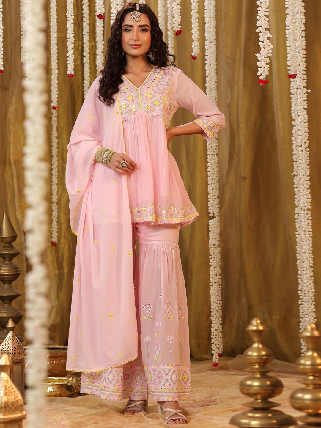 

SCAKHI Floral Embroidered Sequinned Pure Cotton A Line Kurti & Sharara With Dupatta, Pink