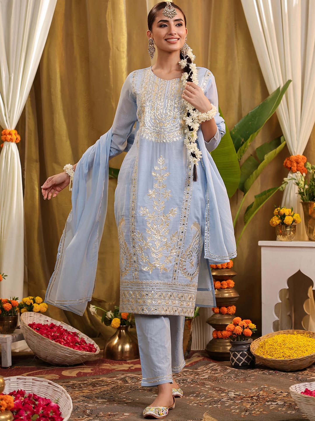 

SCAKHI Floral Embroidered Pure Cotton Straight Kurta & Trousers With Dupatta, Blue