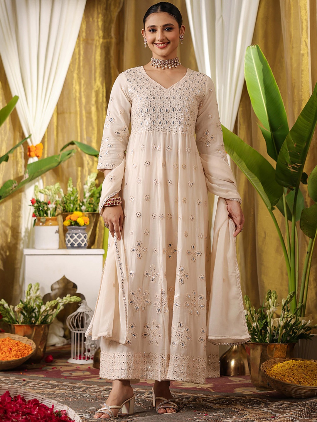 

SCAKHI Floral Embroidered Mirror Work Pure Cotton Anarkali Kurta & Trousers With Dupatta, Cream