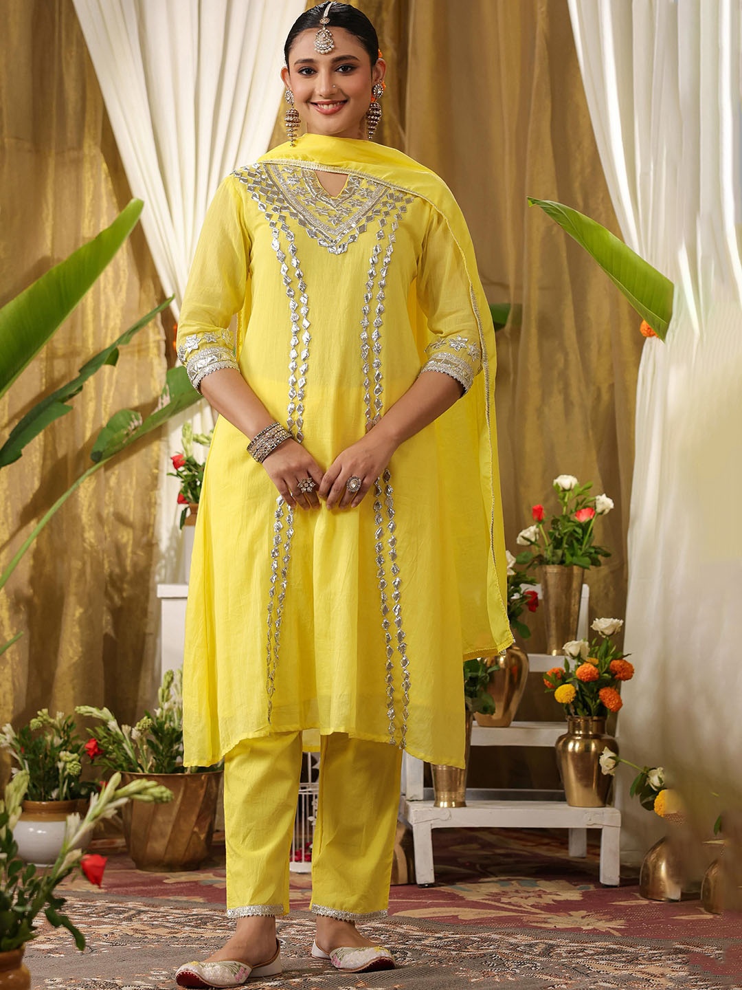 

SCAKHI Floral Embroidered Pure Cotton A Line Kurta & Trousers With Dupatta, Yellow