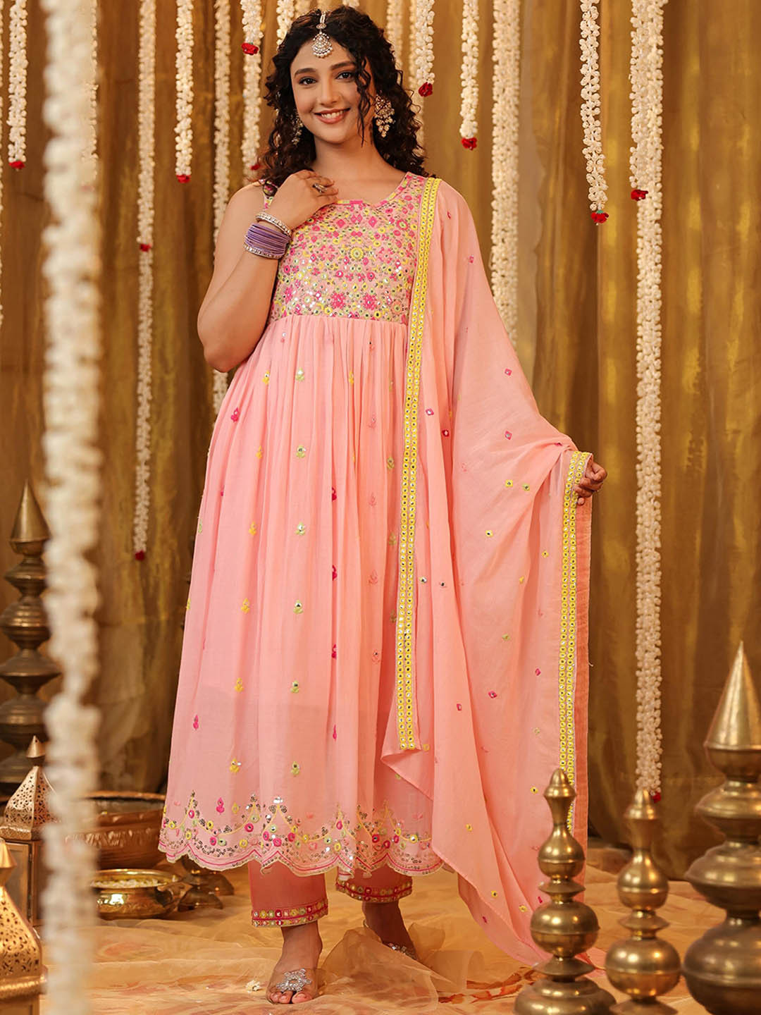 

SCAKHI Floral Embroidered Pure Cotton Anarkali Kurta & Trousers With Dupatta, Pink